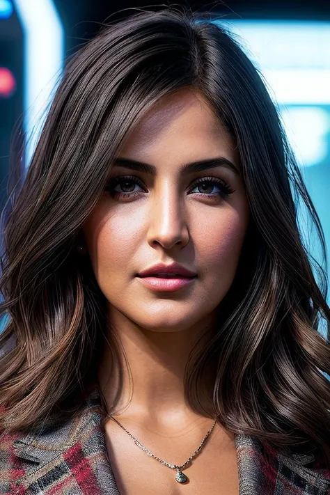 beautiful woman (Katr1n4K41f01:.99), beautiful hair, (( Faux bob :1.2)), ((portrait)), (closeup:1.2), ((from the waist up)), ((( A high-tech virtual reality arcade, where visitors can immerse themselves in interactive digital worlds ))), natural skin texture, (( Shift dress with a plaid blazer :1.2)), 24mm, 4k textures, soft cinematic light, adobe lightroom, photolab, hdr, intricate, elegant, highly detailed, sharp focus, ((((cinematic look)))), soothing tones, insane details, intricate details, hyperdetailed, low contrast, soft cinematic light, exposure blend, hdr, faded, now