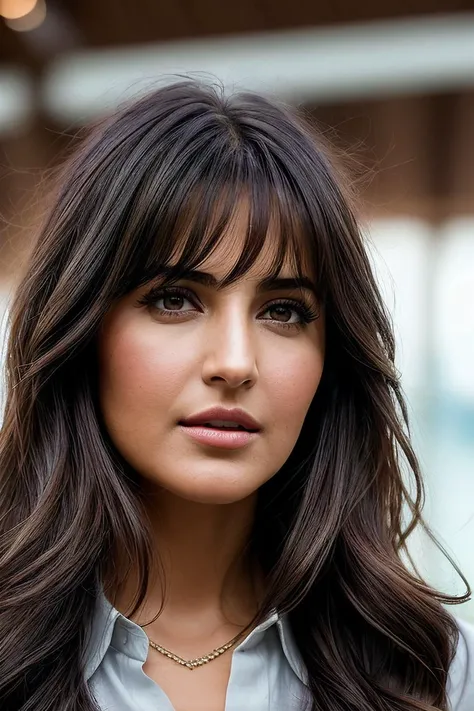 beautiful woman (Katr1n4K41f01:.99), beautiful hair, (( Wavy lob with curtain bangs :1.2)), ((portrait)), (closeup:1.2), ((from the waist up)), ((( A modern floating conference center, hosting international events with breathtaking waterfront views ))), natural skin texture, (( Culottes and button-down shirt :1.2)), 24mm, 4k textures, soft cinematic light, adobe lightroom, photolab, hdr, intricate, elegant, highly detailed, sharp focus, ((((cinematic look)))), soothing tones, insane details, intricate details, hyperdetailed, low contrast, soft cinematic light, exposure blend, hdr, faded, now