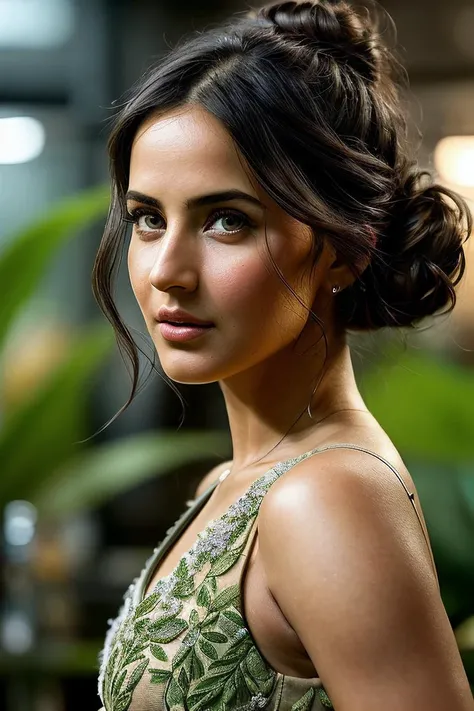 beautiful woman (Katr1n4K41f01:.99), beautiful hair, (( Messy bun :1.2)), ((portrait)), (closeup:1.2), ((from the waist up)), ((( A high-tech botanical laboratory, dedicated to discovering and preserving rare plant species ))), natural skin texture, (( Tailored jumpsuit :1.2)), 24mm, 4k textures, soft cinematic light, adobe lightroom, photolab, hdr, intricate, elegant, highly detailed, sharp focus, ((((cinematic look)))), soothing tones, insane details, intricate details, hyperdetailed, low contrast, soft cinematic light, exposure blend, hdr, faded, now