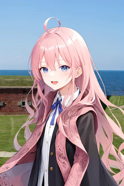 masterpiece, best quality, <lora:envybetterhandsLocon_beta2:1.0>, 1girl hoki pink hair purple eyes, green neck ribbon collared shirt white shirt black skirt pink and black robe wide sleeves black pantyhose, military fort in the USA, small town, american village, open mouth, smile, upper body, dynamic pose, very cute girl, kawaii, In returning and rest you shall be saved, In quietness and confidence shall be your strength, they will walk and not be faint, [ahoge], fort niagara state park, new york state,