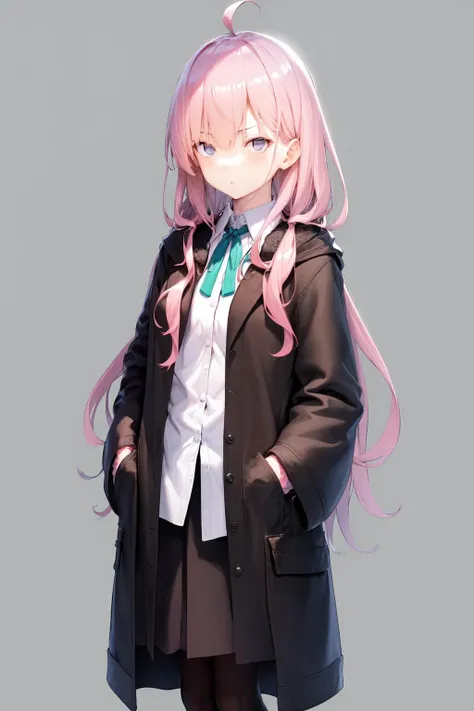 masterpiece, best quality, highres, 1girl hoki pink hair, green neck ribbon collared shirt white shirt black skirt pink and black robe wide sleeves black pantyhose <lora:hoki_07:1> standing, hands in pockets