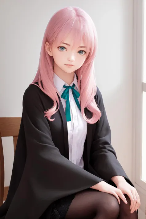 masterpiece, best quality, highres, 1girl hoki pink hair, green neck ribbon collared shirt white shirt black skirt pink and black robe wide sleeves black pantyhose <lora:hoki_07:1> sitting, photorealistic