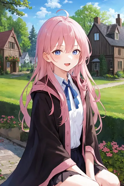 masterpiece, best quality, <lora:envybetterhandsLocon_beta2:1.0>, 1girl hoki pink hair, green neck ribbon collared shirt white shirt black skirt pink and black robe wide sleeves, countryhouses in new england in the USA, massachusetts, small town, american village, open mouth, smile, upper body, dynamic pose, wooden houses at new england countryside, hedge wall, very cute girl, kawaii, In returning and rest you shall be saved, In quietness and confidence shall be your strength, they will walk and not be faint, [ahoge], the glory of Jesus Christ, sitting, bare legs,