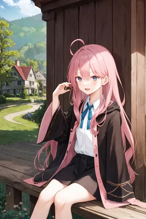 masterpiece, best quality, <lora:envybetterhandsLocon_beta2:1.0>, 1girl hoki pink hair, green neck ribbon collared shirt white shirt black skirt pink and black robe wide sleeves, countryhouses in new england in the USA, massachusetts, small town, american village, open mouth, smile, upper body, dynamic pose, wooden houses at new england countryside, hedge wall, very cute girl, kawaii, In returning and rest you shall be saved, In quietness and confidence shall be your strength, they will walk and not be faint, [ahoge], the glory of Jesus Christ, sitting, bare legs,
