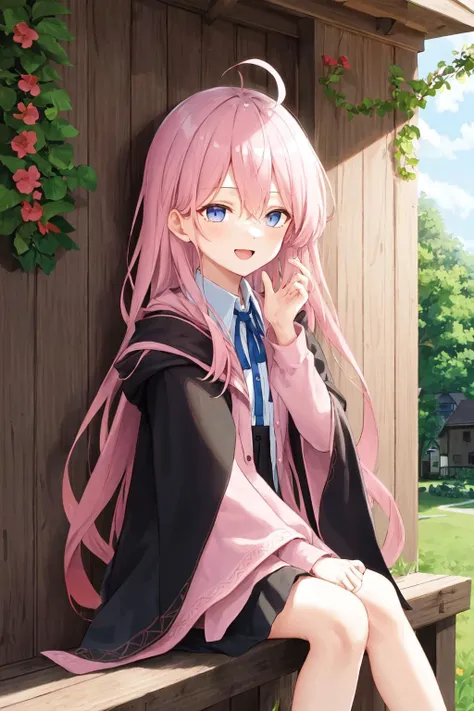 masterpiece, best quality, <lora:envybetterhandsLocon_beta2:1.0>, 1girl hoki pink hair, green neck ribbon collared shirt white shirt black skirt pink and black robe wide sleeves, countryhouses in new england in the USA, massachusetts, small town, american village, open mouth, smile, upper body, dynamic pose, wooden houses at new england countryside, hedge wall, very cute girl, kawaii, In returning and rest you shall be saved, In quietness and confidence shall be your strength, they will walk and not be faint, [ahoge], the glory of Jesus Christ, sitting, bare legs,