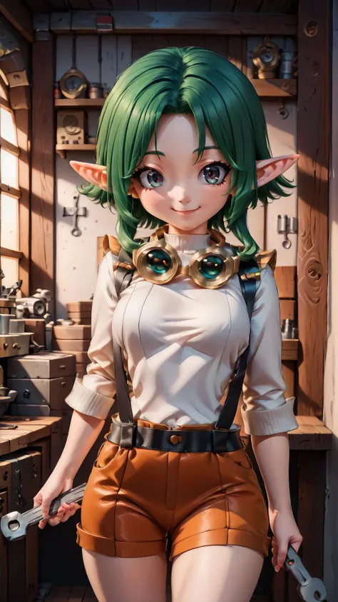 <lora:AngelicCAT_Style:0.7>, high resolution, highly detailed, perfect lighting, beautiful detailed eyes, <lora:KieraXL:0.8> kieraxl, green hair, pointy ears, goggles around neck, suspenders, smile, holding wrench,