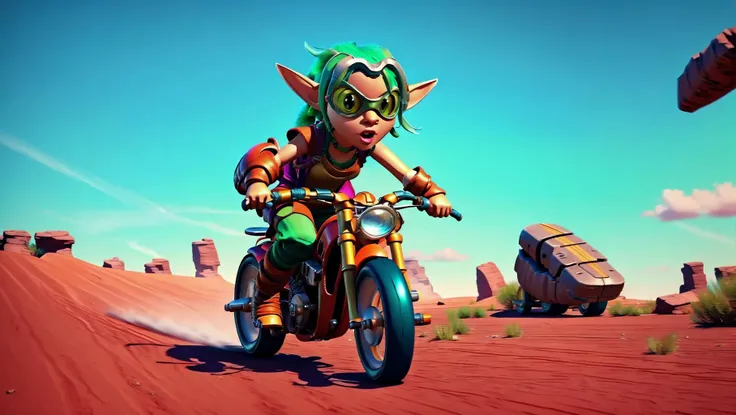 (1girl, Kiera, Jak and Daxter,), green hair, green eyes, goggles on eyes, <lora:Kiera:0.9> BREAK,
riding_a, hover bike, <lora:riding_a:0.8> BREAK,
in the outback, Motion Trail After Image, <lora:MotionTrail:0.5> <lora:Superspeed_running:0.5>, masterpiece, best quality, hyperrealistic, extremely detailed, highly quality, 4k, sharp focus, professional photograph, sharp focus, award winning, cinematic lighting, octane render, unreal engine, volumetrics dtx, Wallpaper,