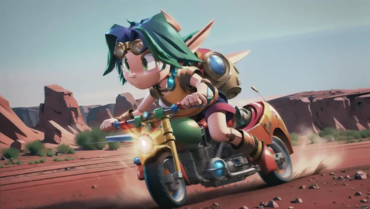 (1girl, Kiera, Jak and Daxter,), green hair, green eyes, goggles on eyes, <lora:Kiera:0.9> BREAK,
riding_a, hover bike, <lora:riding_a:0.8> BREAK,
in the outback, Motion Trail After Image, <lora:MotionTrail:0.5> <lora:Superspeed_running:0.5>, masterpiece, best quality, hyperrealistic, extremely detailed, highly quality, 4k, sharp focus, professional photograph, sharp focus, award winning, cinematic lighting, octane render, unreal engine, volumetrics dtx, Wallpaper,