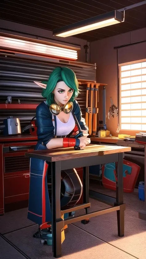 <lora:Kiera-10JD7:0.8> Kiera, 1girl, pointy ears, green hair, goggles around neck, suspenders, xeno scum, BREAK, Holding tools, holding wrench, grimey, BREAK, garage, tool bench, masterpiece, best quality, extremely detailed, highly quality, 4k, sharp focus, professional, sharp focus, award winning, cinematic lighting, octane render, unreal engine, volumetrics dtx, Wallpaper,