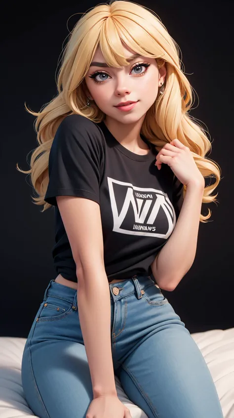 DEN_pixi_SG:1.2 wearing a ((oversized t-shirt:1.2)), ((rocker t-shirt, logo on t-shirt)), ((blonde hair)), long hair, hyper realistic, 4k, medium breasts, masterpiece, beautiful, facing the viewer, headshot, cleft, denim pants, ((nasolabial folds)), DSLR RAW PHOTO, 8K, POV, canon 5d, 85mm, ((bedroom, early morning, sitting on a bed, dim lights, black background)), smirk, sexy pose, AS-Adult, (RAW photo:1.2), (photorealistic:1.4), (masterpiece:1.4), (best quality:1.4), ultra high res, ((detailed facial features)), HDR, 8k resolution, upper body, \(nikke\), (masterpiece:1.4), (best quality:1.4), (shiny skin), <lora:p3r3zstyle:0.3>