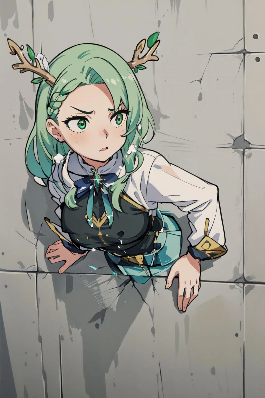 (masterpiece, best quality), intricate details, 8k, artstation, wallpaper, official art, splash art, sharp focus,
1igrl, <lora:ceresFaunaHololive_v1:0.8> 1girl, ceres_fauna, green hair, golden eyes, antlers,
<lora:glory_wall_front:1> (glory wall, stuck, through wall:1.4)