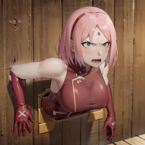 anime style, masterpiece, best quality, absurdres, 1girl, (angry, troubled eyebrow), looking at viewer, <lora:glory_wall_front:0.9>, glory wall, through wall, stuck, wooden wall, <lora:Sakura[Boruto]V2:0.5>, haruno sakura, side bangs, forehead mark, red hairband, red sleeveless dress, sweat, messy hair