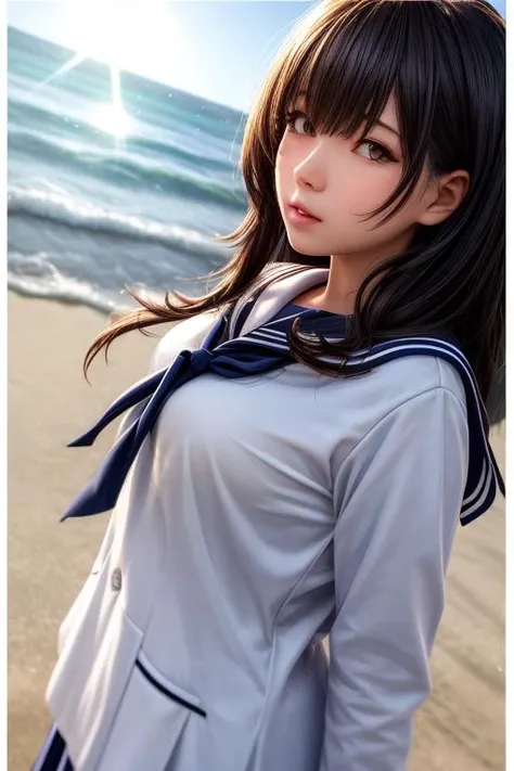 detailed background, cinematic lighting, dynamic angle, lens flare, 1girl, sailor uniform, beach