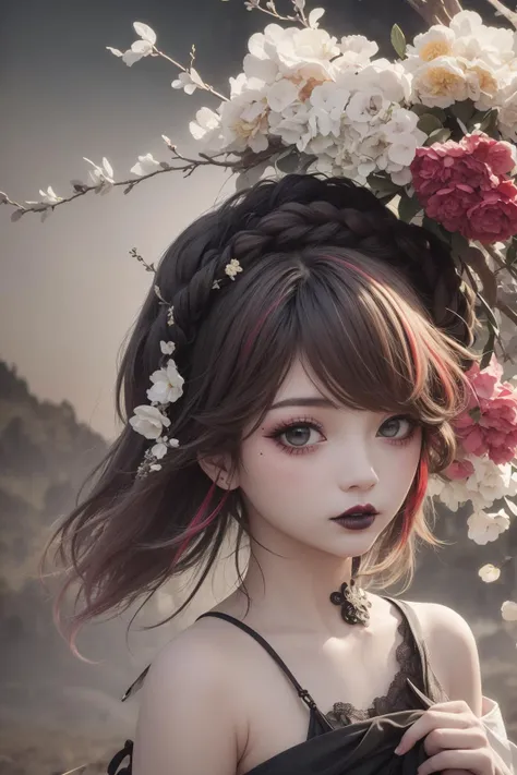 (masterpiece:1.2),best quality, extremely detailed, catgirl, goth girl (goth makeup:1.2), random hair, random haircolor, random multicolored hair, streaked hair, detailed hair, (random eye color), blurred background, lantern festival , visually stunning, bokeh, ,piercings, hanfu, <lora:ink-0.1-3-b28-bf16-D128-A1-1-ep64-768-DAdaptation-cosine:0.9> scenery, ink,
