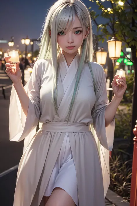 (8k, RAW photo, realistic, photo-realistic:1.5), ,(masterpiece), european girl, night, lantern festival, streaked multicolored hair, green eyes, (silver hair:1.3), piercings, hanfu, hair over eye,