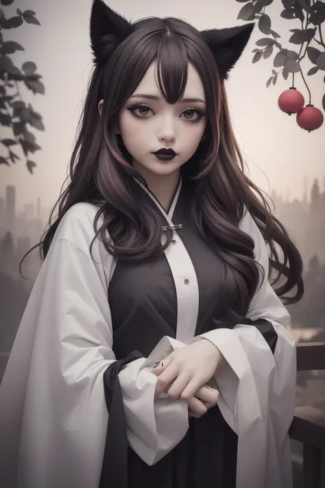 (masterpiece:1.2),best quality, extremely detailed, catgirl, goth girl (goth makeup:1.2), random hair,  random haircolor, random multicolored hair, streaked hair, detailed hair, (random eye color), blurred background, lantern festival , visually stunning, bokeh, ,piercings, hanfu, <lora:ink-0.1-3-b28-bf16-D128-A1-1-ep64-768-DAdaptation-cosine:0.9>  scenery, ink, white background,