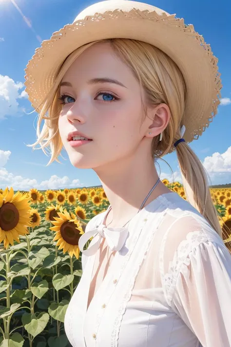 (8k, RAW photo, realistic, photo-realistic:1.5), masterpiece, best quality, high resolution, extremely detailed, detailed background, cinematic lighting, dynamic angle, lens flare, dramatic, 1girl, cute girl, solo, wind, pale-blonde hair, blue eyes, very long twintails, white hat, white dress, blue sky, laugh, flying petal, flowery field, sky, sunflower, sun, field