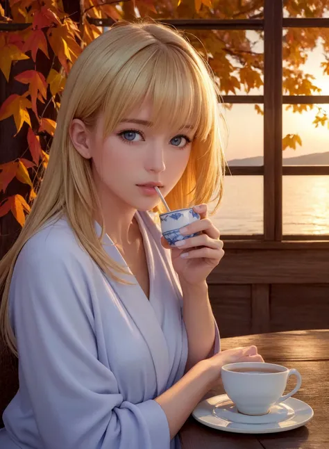 1girl, (8k, RAW photo, realistic, photo-realistic:1.5), masterpiece, best quality, high resolution, extremely detailed, detailed background, cinematic lighting, beautiful detailed eyes, cute, light-blonde hair, (Emma Stone:0.3), (Scarlett Johansson:0.2), drinking tea, (at the table:0.8), blue robe, autumn, leaves are falling, bangs over the eyes, pastel colors, china, valley, lake, sunset