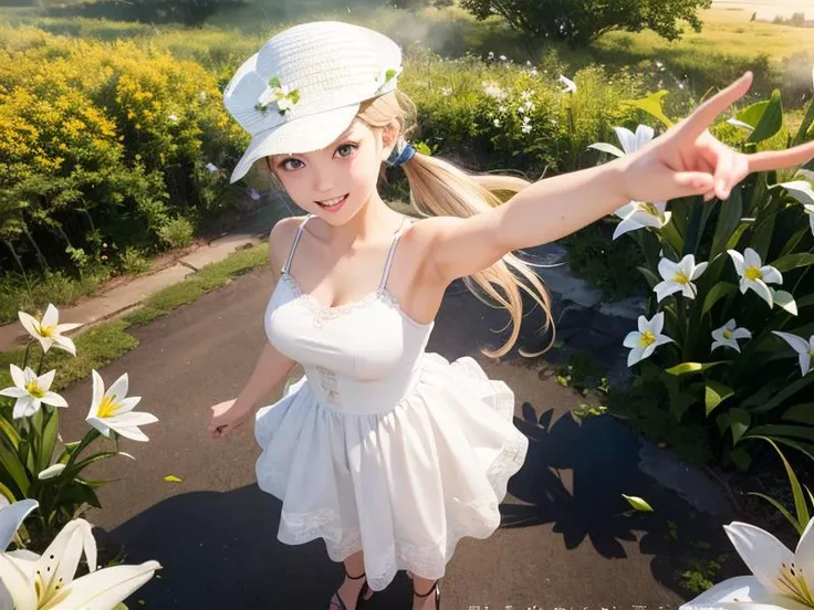(8k, RAW photo, realistic, photo-realistic:1.5), masterpiece, best quality, high resolution, extremely detailed, detailed background, natural lighting, lens flare, dramatic, photon mapping, warm glow on face and body, 1girl, cute girl, solo, laugh, pale-blonde hair, blue eyes, very long twintail, straw hat, white lace dress, white sandal, high-detail skin, dynamic pose, full body, looking up from above, sun, blue sky, bird, wind, butterflys, white lily field, rainy day,