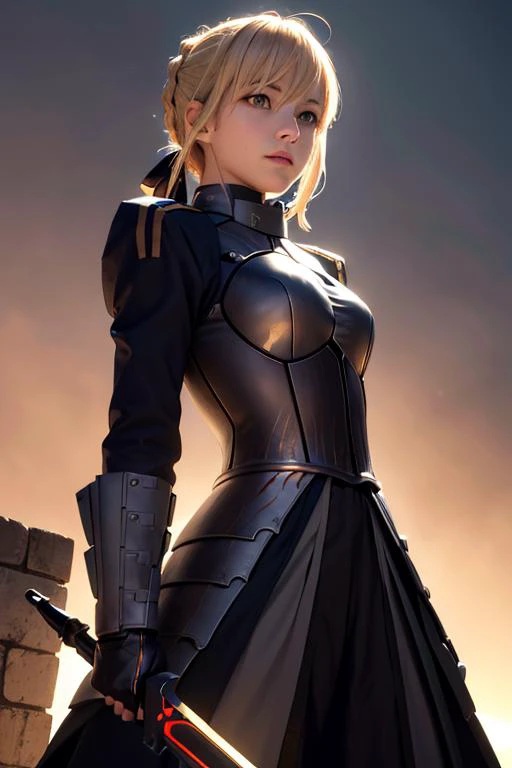 (8k, RAW photo, realistic, photo-realistic:1.5), masterpiece, best quality, high resolution, extremely detailed, detailed background, cinematic lighting, lens flare, dramatic, octane render, 1girl, cute girl, solo, light-blonde hair, (yellow eyes), eesaber, ahoge, black ribbon, pale skin, black dress, black armor, gauntlets, standing, holding long sword, excalibur morgan \(fate\), midnight, darkness, mysterious, concrete remains, red light from below, <lora:artoria_pendragon_v2:0.9>