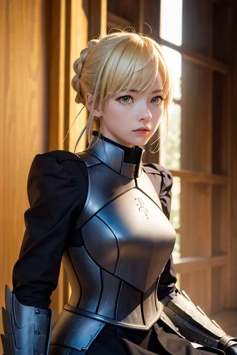 (8k, RAW photo, realistic, photo-realistic:1.5), masterpiece, best quality, high resolution, extremely detailed, detailed background, cinematic lighting, lens flare, dramatic, octane render, 1girl, cute girl, solo, light-blonde hair, (yellow eyes), eesaber, ahoge, black ribbon, pale skin, black dress, black armor, gauntlets, sit on the throne, <lora:artoria_pendragon_v2:0.9>
