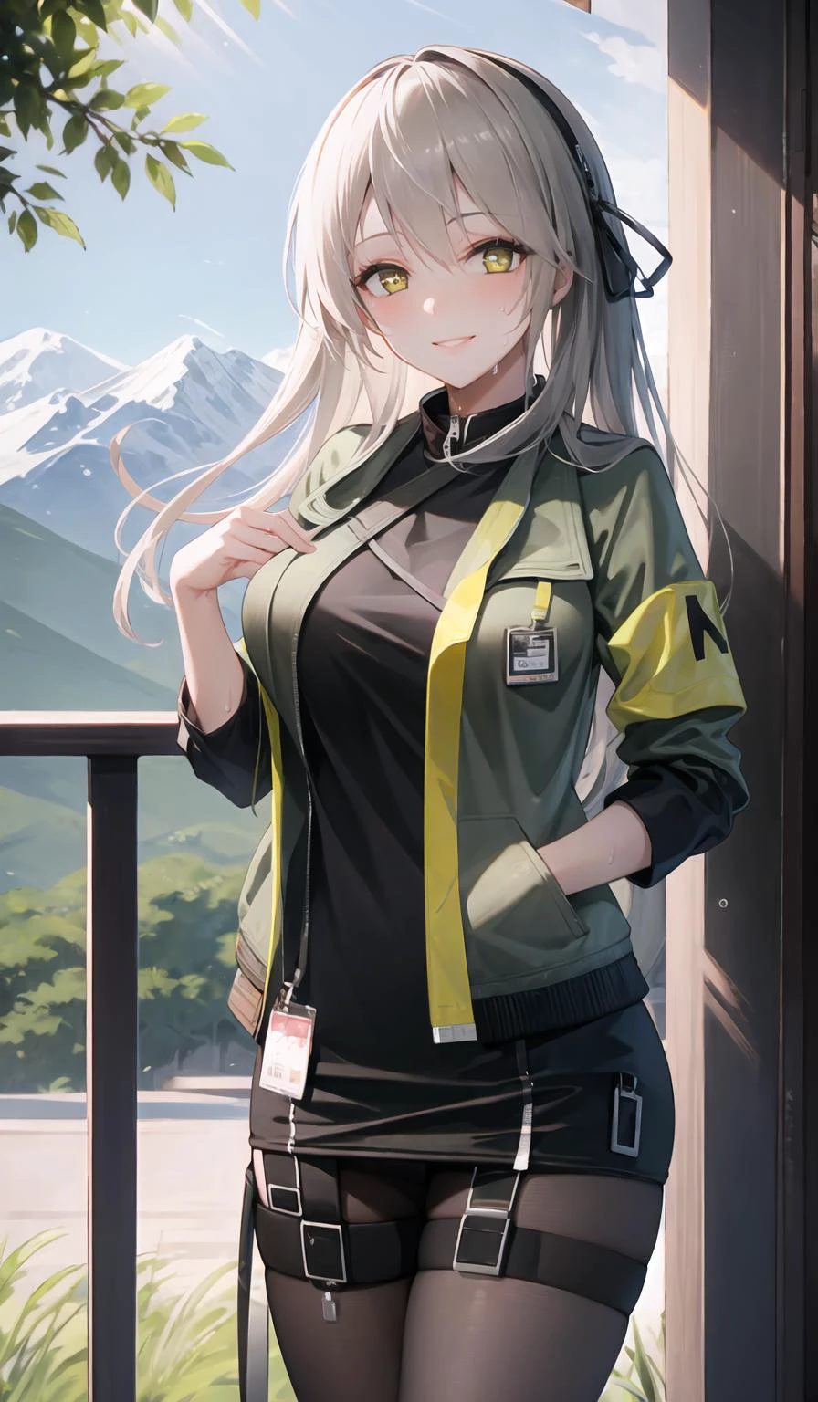 origin, 1girl,leg hug, long hair, solo, id card, long hair, star-shaped pupils, smile,mountain, looking at viewer, green jacket, shirt, pantyhose, open jacket,sweat,smile,blush, cowboy shot, <lora:UMP40-pynoise:1>