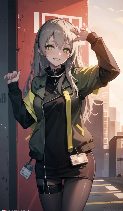 origin, 1girl,legs up, long hair, solo, id card, long hair, star-shaped pupils, smile,cyberpunk city, looking at viewer, green jacket, shirt, pantyhose, open jacket,sweat,smile,blush, cowboy shot, <lora:UMP40-pynoise:1>