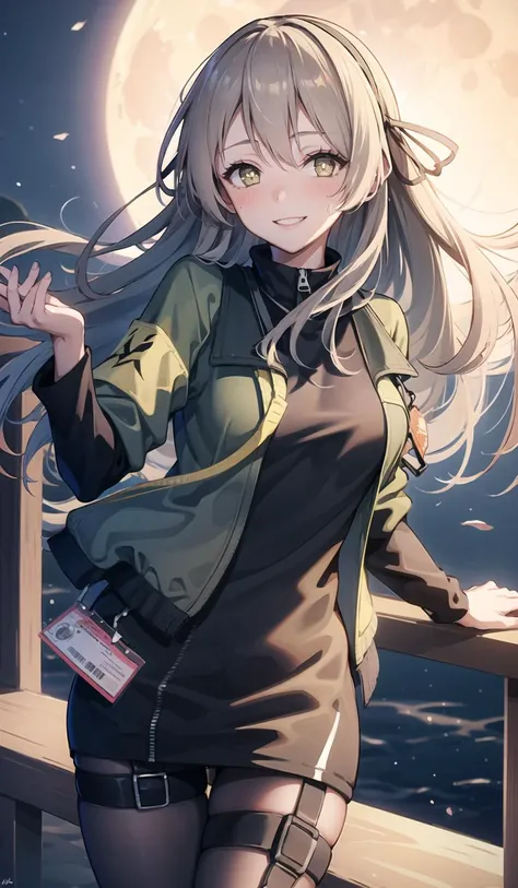 origin, 1girl,leg lift, long hair, solo,  id card, long hair, star-shaped pupils, smile,moon, looking at viewer, green jacket, shirt,  pantyhose, open jacket,sweat,smile,blush, cowboy shot, <lora:UMP40-pynoise:1>