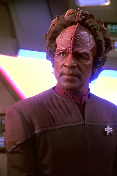 male kazon, reddish brown ochre skin, bumpy ridged forehead, brown wooly hair with leaves, wearing black and red ds9st uniform, sci-fi starship background, <lora:kazon_lora:0.7>, <lora:DS9_768V12:0.8>