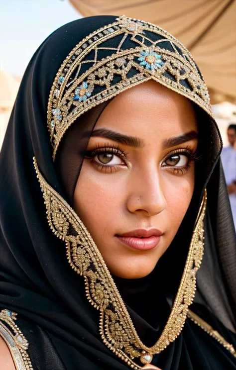 a arabic noblewoman, Arabian burka, beautiful seductive eyes, Arabian elegance, mystique, perfect composition, Imagine an Arabian oasis, set against the canvas of a black hue, vivid blue sky with white clouds, Picture a bustling market outside a cluster of luxurious Arabic tents, Focus on an Arabian girl, intricate details, masked by the veil, Professionally depict her in a way that does justice to the Meistwick style, showcasing the richness of Arabian culture, hyperdetailed illustration, highres, girl, dynamic pose, High detailed , Mj Osea Style, perfecteyes, midjourney,