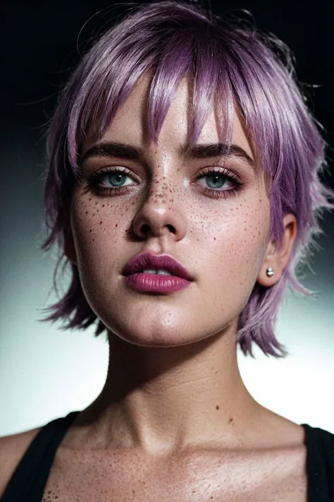 Kik Style, Dramatic Shadows photo of a woman, washed out Pastel purple hair, Jade eyes, Stain, Tapered cut hair, Lip freckles, harsh flash lighting, insane details, (photorealistic:0.8), from below, grainy film, ((Moody portraits with low-key lighting)), (Edgy:0.6)