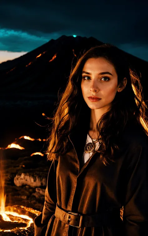 (perfect adorable face:1.3), (clothed, masterpiece, wide angle, cinematic establishing shot, young adult european woman, highly detailed background:1.2), volumetric lighting, subsurface scattering, dynamic pose, (special effects, color grading, fantasy aura), (Volcanic Priestess:1.4), (Medium Covered Breasts:0.81), Lava flows, ritual mask, fiery incantations, molten rock