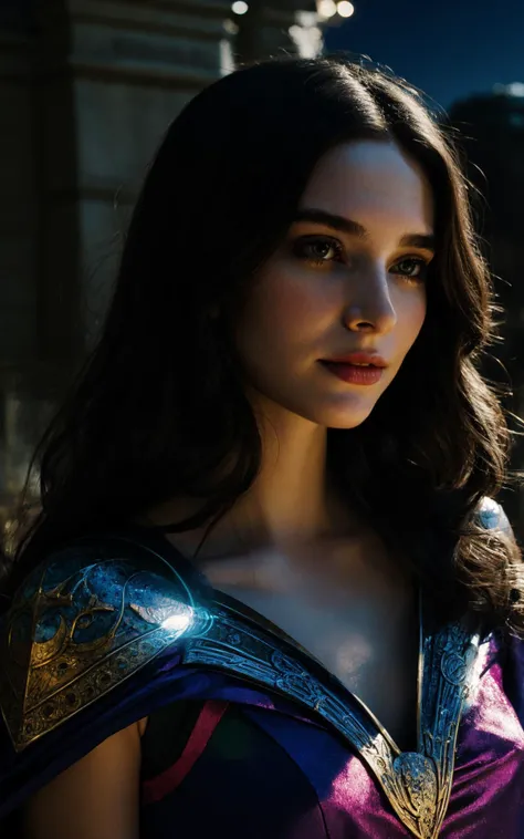 (perfect adorable face:1.3), (clothed, masterpiece, wide angle, cinematic establishing shot, young adult european woman, highly detailed background:1.2), volumetric lighting, subsurface scattering, dynamic pose, (special effects, color grading, fantasy aura), (Moonlit Enchantress:1.4), (Medium Covered Breasts:0.81), Moonlight, glimmering cape, ancient runes, mystical aura