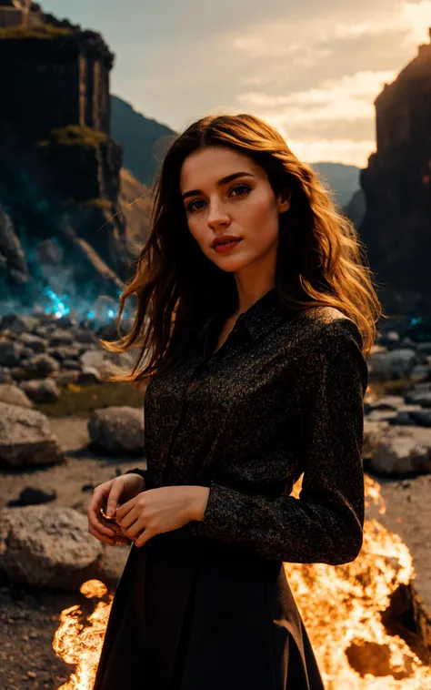 A beautiful and attractive woman, with very long messy hair, beautiful make-up,, surrounded by a misty atmosphere. A charming and feminine woman And stunningly beautiful, She wears a sexy dress, On a moonlit, starry night