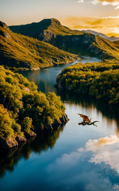 (perfect adorable face:1.3), (cinematic still of flying along side attractive young woman on a dragon's back:1.3), Soaring on a Dragon Over Mystical Lands: Envision an ethereal dragon soaring gracefully over a landscape brimming with fantastical flora, shimmering lakes, and floating islands, bathed in the golden glow of an otherworldly sunset.