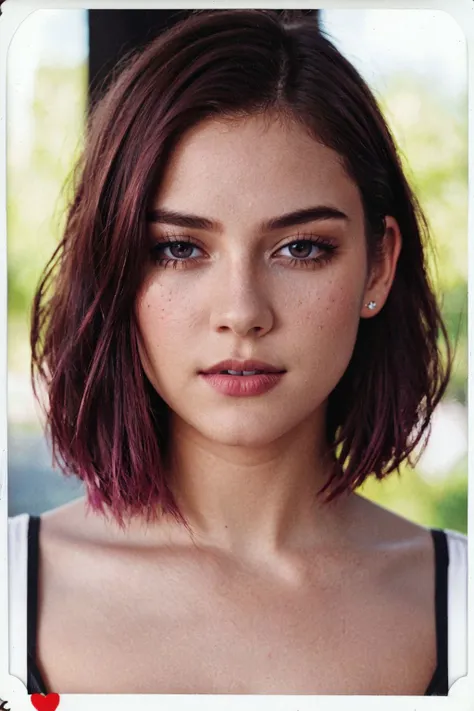 (polaroid), a Night Mode of a woman, washed out Ombre hair, Maroon eyes, CC cream, Tousled pixie cut hair, Shimmering lips, Natural Sunlight, cinematic, hyperrealism