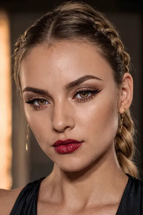 an eye contact of Czech woman, excited, lipstick, Lavish, cat eye liner, stain lipstick, proximity, Round eyes, Soft and gentle features, Braided ponytail hair cut, salmon skin color, cinematic lighting, underexposed