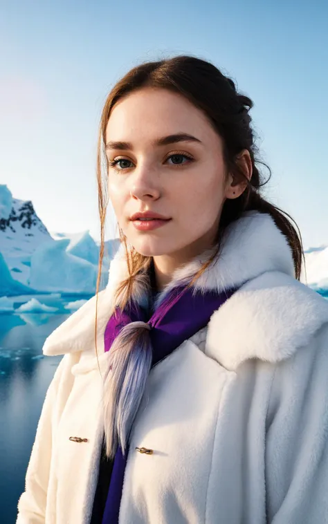 (perfect adorable face:1.3), (clothed, masterpiece, wide angle, cinematic establishing shot, young adult european woman, highly detailed background:1.2), volumetric lighting, subsurface scattering, dynamic pose, (special effects, color grading, fantasy aura), (Arctic Sorceress:1.4), (Small Perky Breasts:0.81), Icy landscape, frosty breath, polar auroras, enchanted icicles