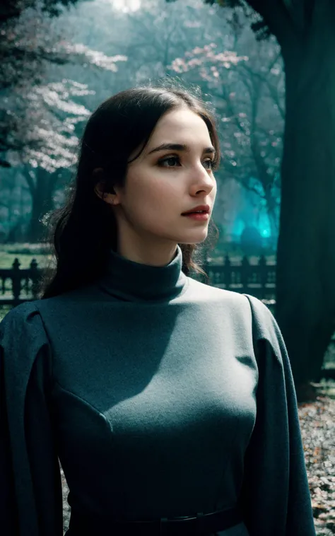 (perfect adorable face:1.3), (clothed, masterpiece, wide angle, cinematic establishing shot, young adult european woman, highly detailed background:1.2), volumetric lighting, subsurface scattering, dynamic pose, (special effects, color grading, fantasy aura), (Ghostly Sentinel:1.4), (Cleavage, Large Covered Breasts:0.81), Haunted grounds, ethereal chains, spectral armor, silent vigil