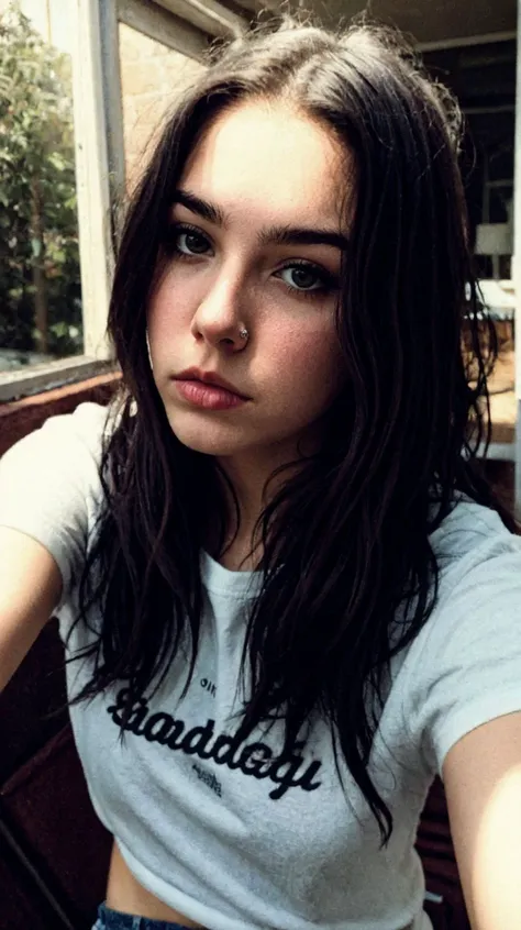 she takes her first selfie, Enterprising 19yo emo girl, (from 2008:0.6), pouted mouth, retro vibes, dark, messy hair, (pink strains in hair:0.6), emotional, (over the top, dark heavy makeup:0.9), (rebellious:0.7), fine texture, incredibly lifelike, grainy, overexposed, (Vividly Captured, Utterly Distinct:0.47), (shot on ARRI ALEXA 65, Remarkably Clear:0.49)