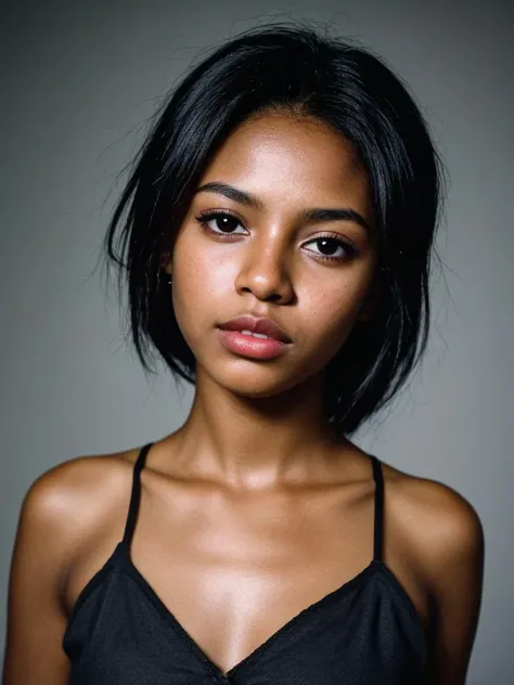 black girl, latent, really black skin, deep black 1girl, (black girl), latin america girl, (dark black girl), deep dark skin, high quality, masterpiece, cinematic, 8k uhd, Beautiful closeup photo of a 20 yr old woman, small eyeliner