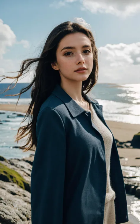 (perfect adorable face:1.3), (clothed, masterpiece, wide angle, cinematic establishing shot, young adult european woman, highly detailed background:1.2), volumetric lighting, subsurface scattering, dynamic pose, (special effects, color grading, fantasy aura), (Seaside Mystic:1.4), (Small Perky Breasts:0.81), Coastal cliffs, tidal pools, oceanic runes, marine mysticism