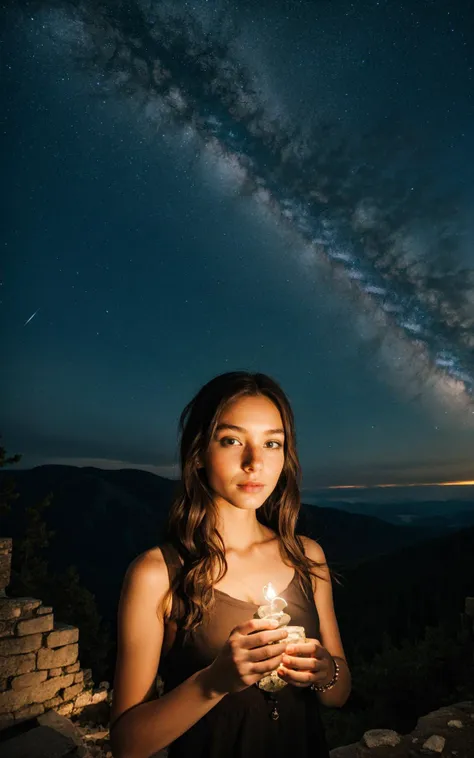 (perfect adorable face:1.3), (1girl, perfect seductive young woman Discovering an Ancient Artifact Atop a Mountain:1.3) mystical artifact on a mountaintop, surrounded by ancient ruins, under a canopy of stars, the artifact glowing with an otherworldly light.