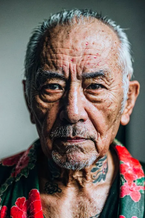 (8k, RAW photo, highest quality), an old wisely grandpa, former yakuza, wearing a kimono, dangerous looking, tattoos, skin pores, skin blemish, extremely high-resolution details, photographic, realism pushed to extreme, fine texture, 4k, ultra-detailed, high quality, high contrast