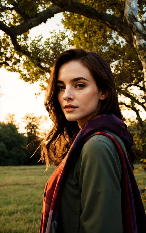 (perfect adorable face:1.3), (clothed, masterpiece, wide angle, cinematic establishing shot, young adult european woman, highly detailed background:1.2), volumetric lighting, subsurface scattering, dynamic pose, (special effects, color grading, fantasy aura), (Twilight Druid:1.4), (Cleavage, Large Covered Breasts:0.81), Dusk sky, animal familiars, leafy cloak, ancient oaks