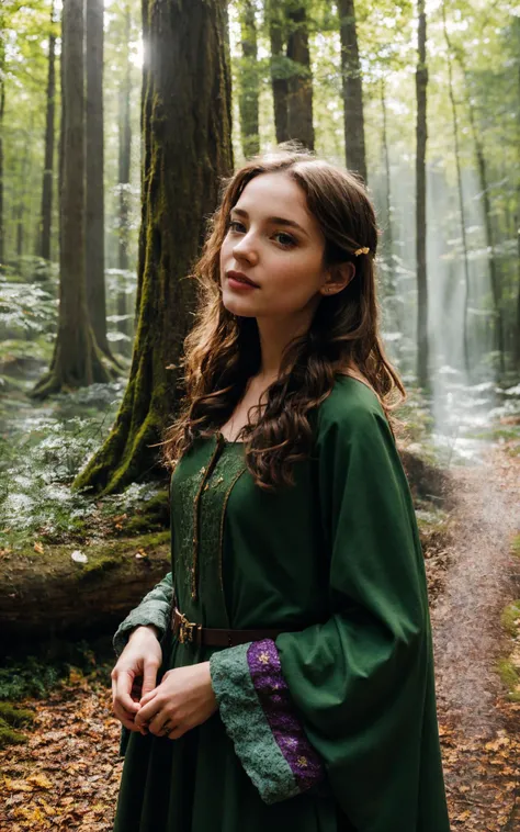 (perfect adorable face:1.3), (clothed, masterpiece, wide angle, cinematic establishing shot, young adult european woman, highly detailed background:1.2), volumetric lighting, subsurface scattering, dynamic pose, (special effects, color grading, fantasy aura), (Forest Potion Master:1.4), (Small Perky Breasts:0.81), Dense woods, bubbling cauldron, herbal wreaths, magical brews