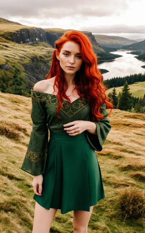 (perfect adorable face:1.3), outdoor Scottish highlands, vivid sunset hues, fantasy setting. A striking redhead woman, (distinctly Scottish), wearing an elaborate elven inspired gown is a fusion of deep emerald green and earthy browns, with intricate Celtic knotwork embroidery in gold thread, Flowing sleeves, a fitted bodice+, short skirt , fiery red hair is styled in a cascade of loose curls, green eye, stands atop a grassy knoll, overlooking a misty loch. In her hands, she holds an ancient, rune carved staff, emanating a soft, other worldly glow.,