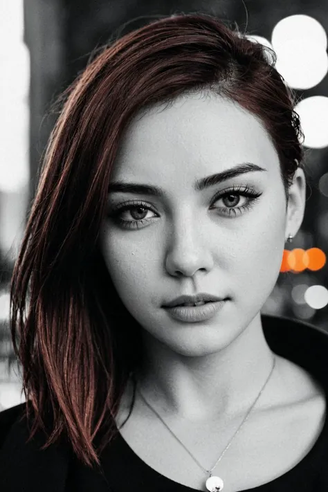 Sina Weibo Style, Black and White photo of a woman, close up on face, washed out Auburn hair, Chestnut eyes, Pop of color, Tapered cut hair, Blurred vermilion border, (desaturated grunge filter, Overcast Lighting, dslr, cinematic:0.8), eye level, ((Nighttime city lights)), (Casual:0.6)