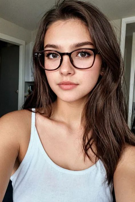 a 19 year old girl with brown hair,long, pretty, taking a selfie, with glasses, cute pout face, ,BREAK, hyperdetailed photography, perfect lighting, head and shoulders portrait, cover, high resolution