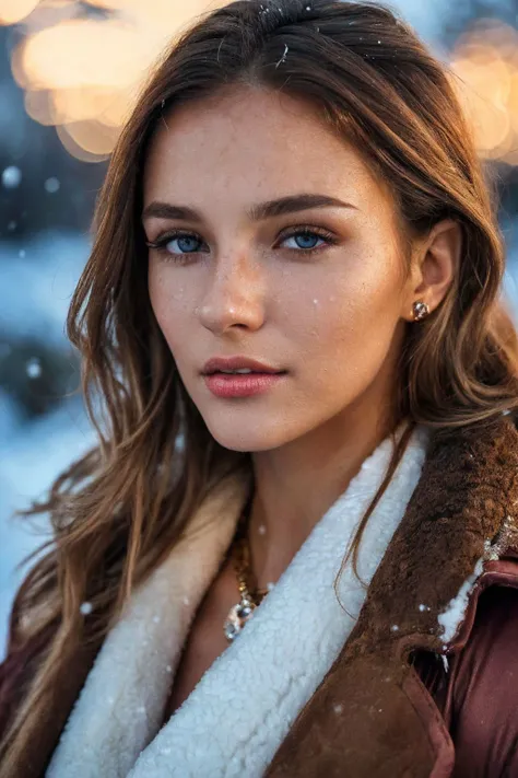 Hyperrealistic art , glamour upper body, a russian fashion model, 21yo, from the side, (two-tone brownish hair), slightly curled, dimmed lighting, outside, ((winter fashion)), ((cold and warm colors)) . Extremely high-resolution details, photographic, realism pushed to extreme, fine texture, incredibly lifelike